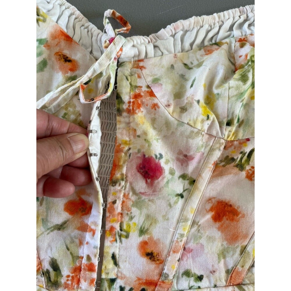 ASTR Julietta Milkmaid Dress Floral Slit Midi Medium Orange Green Cottagecore - Picture 6 of 11